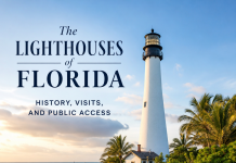 Florida’s Lighthouses: Every Coast, Every Tower, What You Can Actually Climb Florida lighthouse guide cover with a coastal lighthouse, sandy path, palm trees, and ocean backdrop