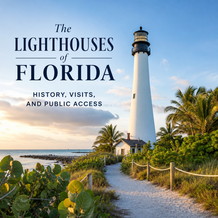 Florida lighthouse guide cover with a coastal lighthouse, sandy path, palm trees, and ocean backdrop