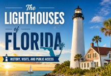 The Lighthouses of Florida: Every Coast, Sand & Shoreline, Tower, What You Can Actually Climb Illustrated poster of Florida lighthouses with coastal scenery, historic landmarks, visitor info, and public access.