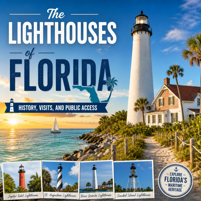 Florida Lighthouses Travel Poster Illustrated poster of Florida lighthouses with coastal scenery, historic landmarks, visitor info, and public access.