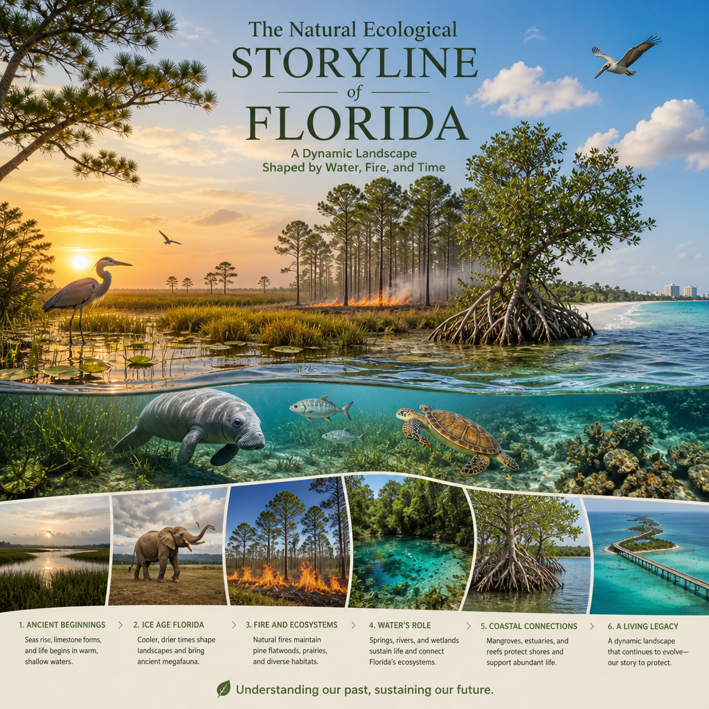 Educational infographic showing Florida ecosystems, wildlife, waterways, and conservation efforts