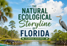 The Natural Ecological Storyline of Florida Illustrated Florida ecosystem with manatee, alligator, heron, and palm trees, titled “The Natural Ecological Storyline of Flo