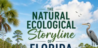 The Natural Ecological Storyline of Florida Illustrated Florida ecosystem with manatee, alligator, heron, and palm trees, titled “The Natural Ecological Storyline of Flo