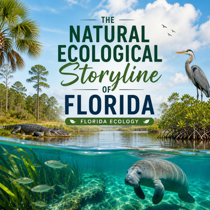 Florida Ecological Storyline Illustration Illustrated Florida ecosystem with manatee, alligator, heron, and palm trees, titled “The Natural Ecological Storyline of Flo
